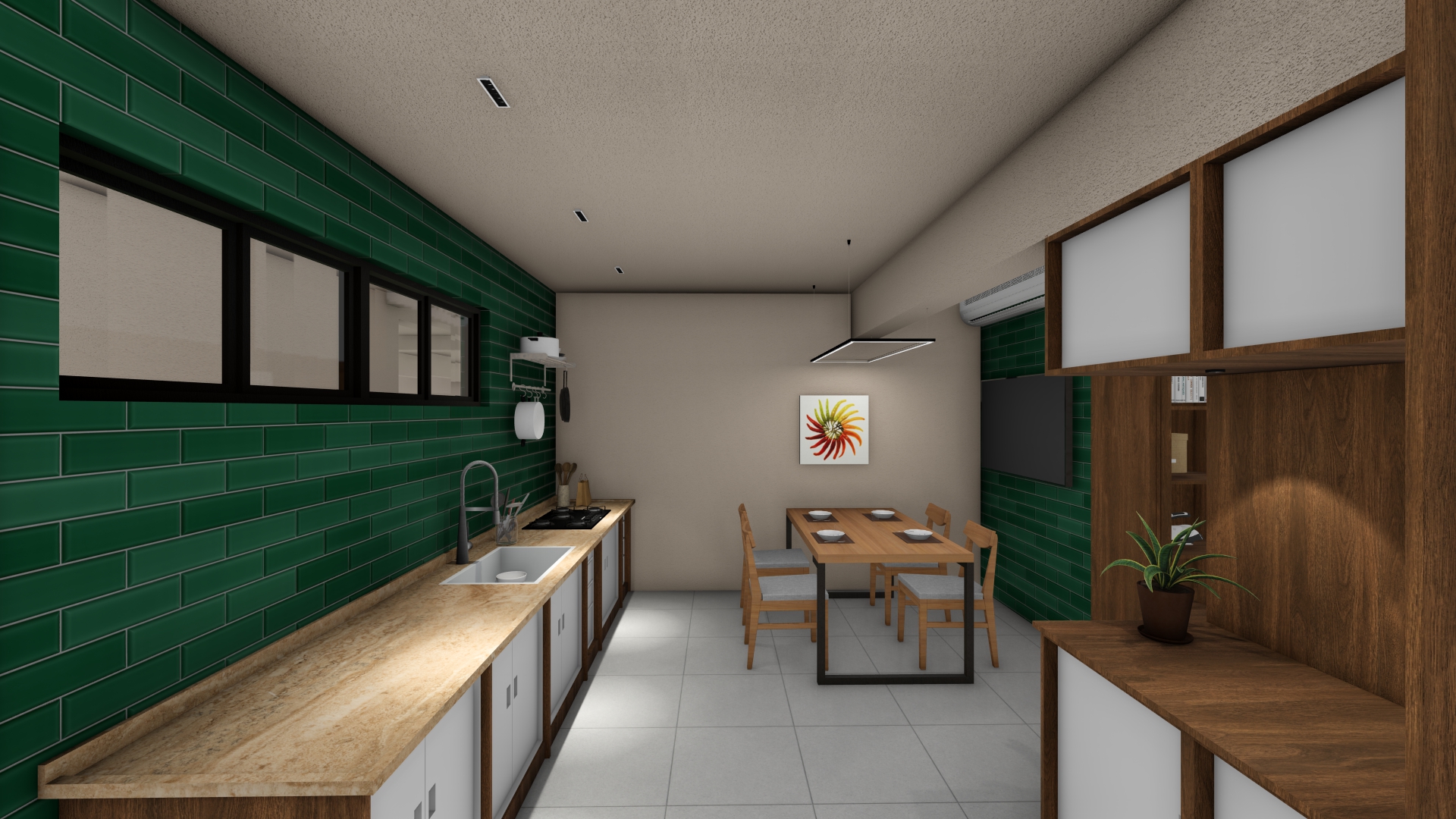 Imagem interna do apartamento tipo, cena da cozinha/sala.