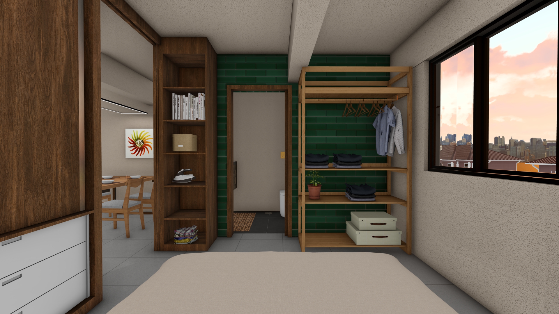 Imagem interna do apartamento tipo, cena do quarto e banheiro.